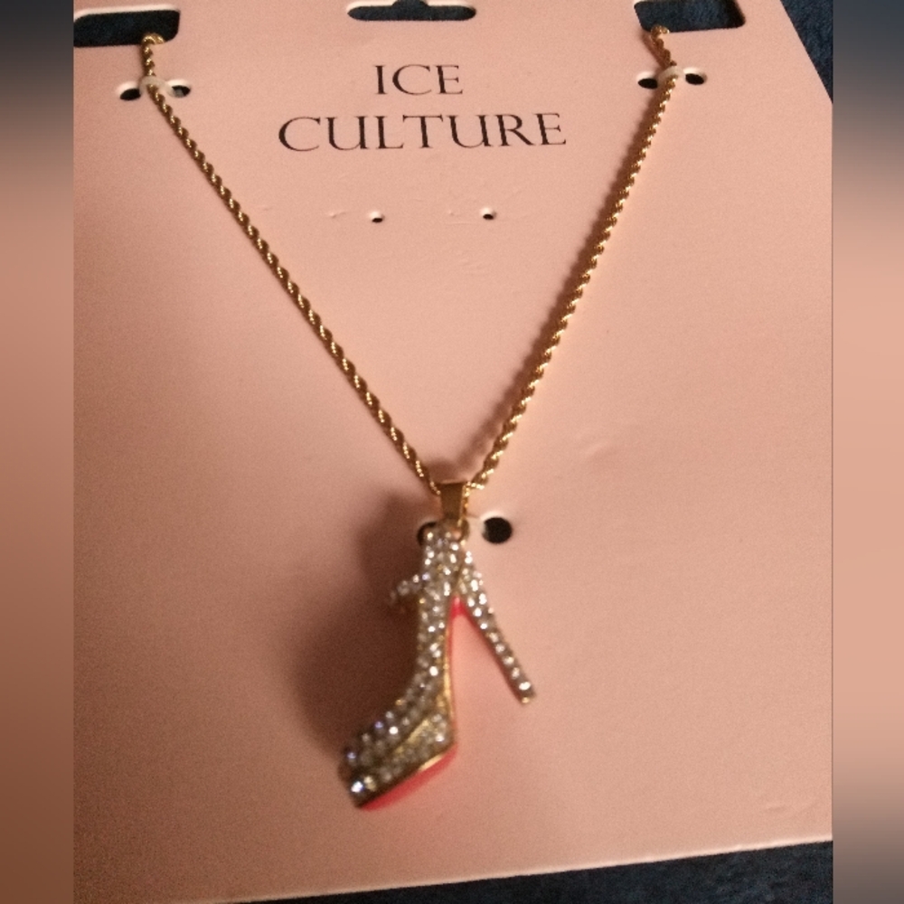 Gold Rhinestone High Heel Necklace